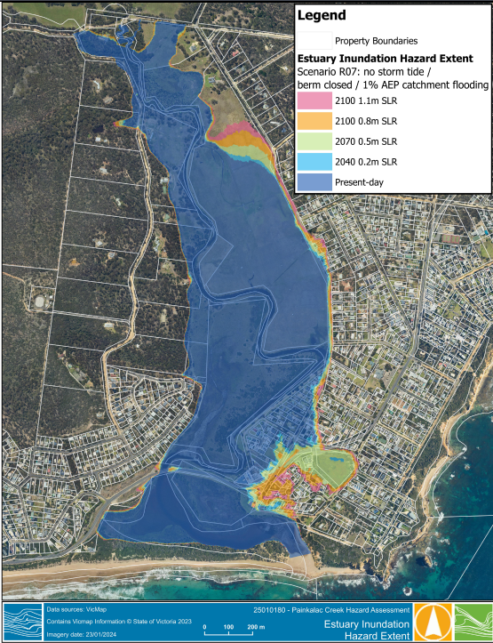 Map of Painkalac Estuary. Scenario 7 shows the largest extent of potential flooding by the year 2100.