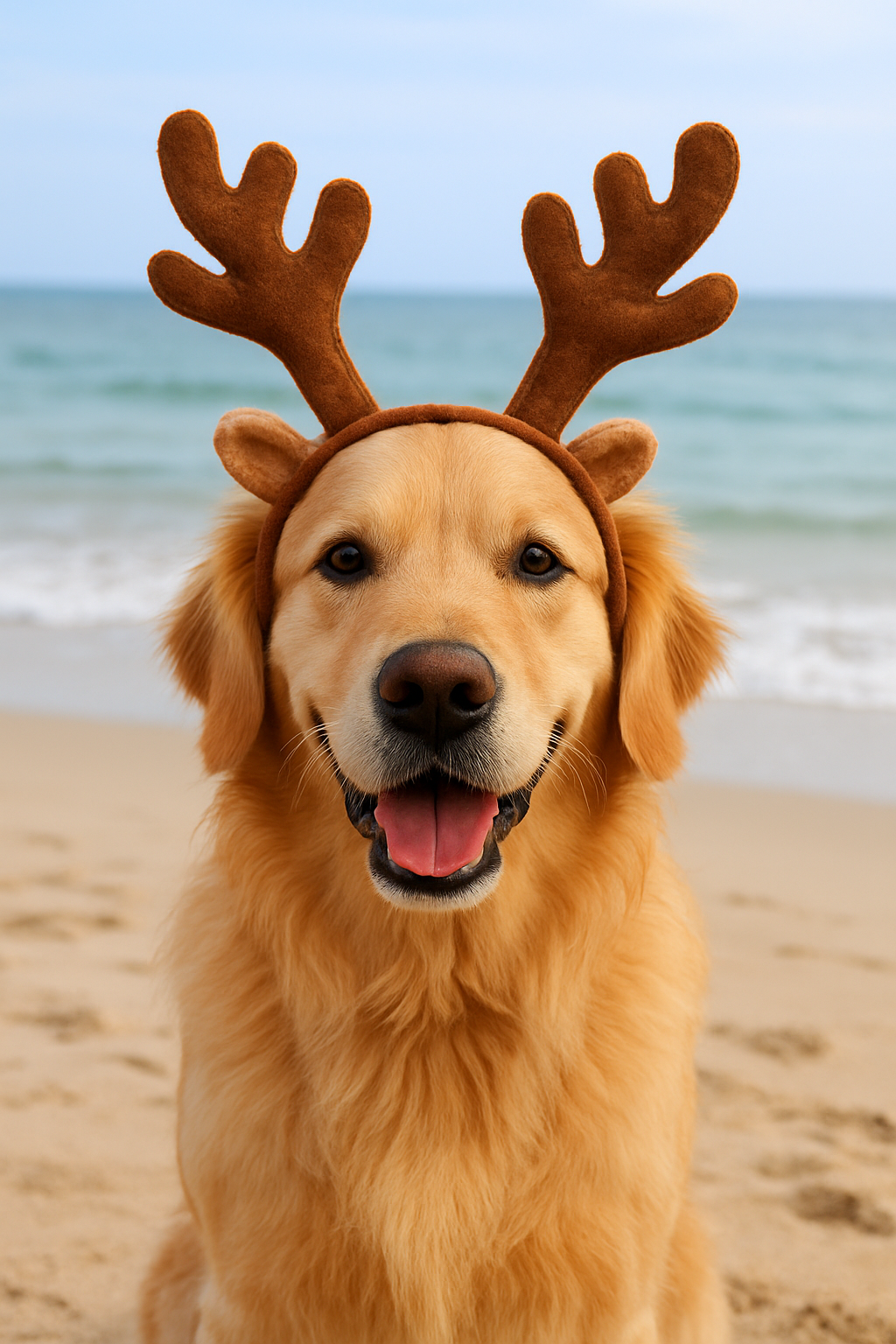 dog on beach with reindeer ears