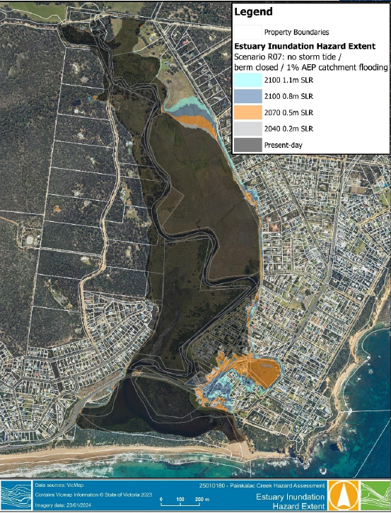 Map of Painkalac Estuary. Scenario 7 shows the largest extent of potential flooding by the year 2100.