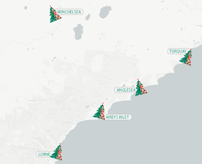Map of shire with tree icons over Aireys Inlet, Anglesea, Lorne, Torquay and Winchelsea
